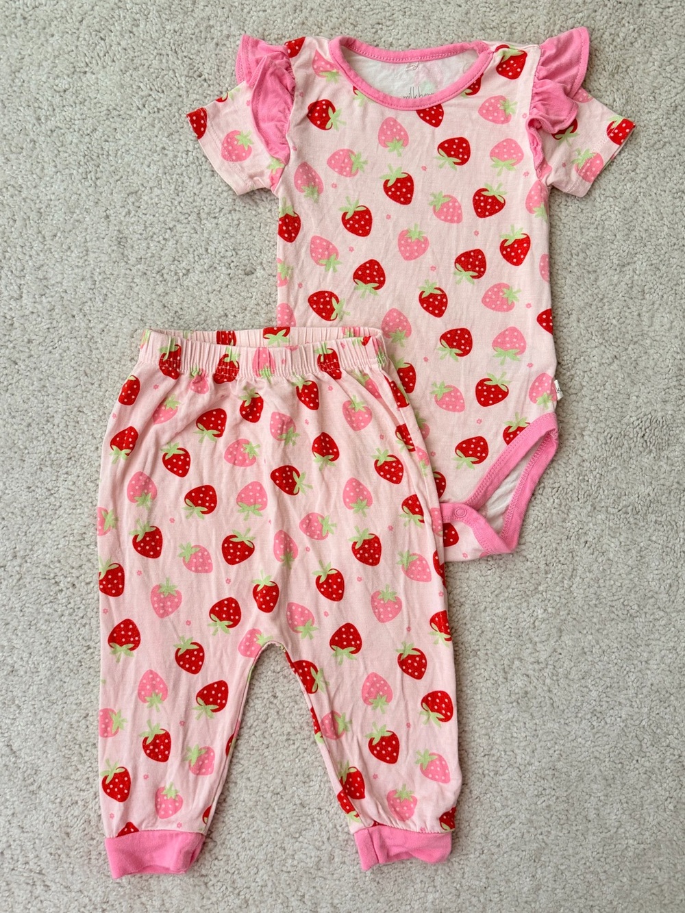Milkberry Strawberry Print Pink Baby Bodysuit & Pants Set